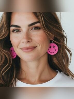 CLOVER Pink Metal Smiley Face Earrings NWT